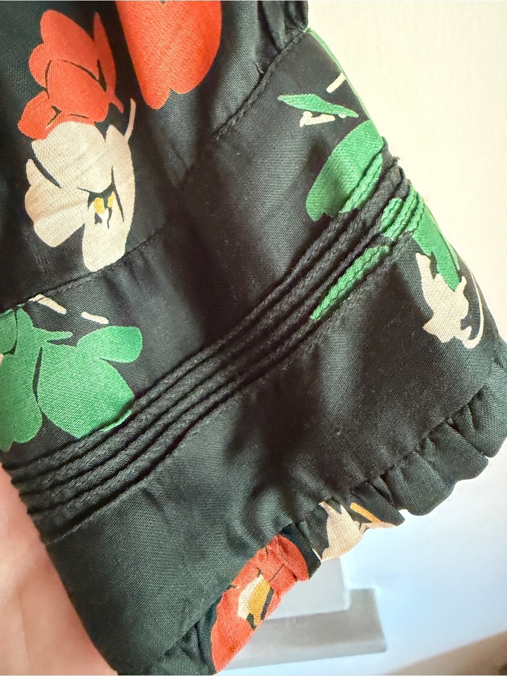 THE GREAT. Dark Green Floral Button-Down Shirt with Cream, Green and Orange Prin - Picture 3 of 5